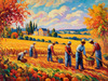 Printable Impressionistic Landscape of Harvest in Countryside with Autumn Colors
