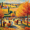 Printable Impressionistic Landscape of Harvest in Countryside with Autumn Colors