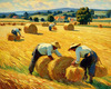 Impressionistic Landscape Art of Hayfield with Haystacks and Laborers