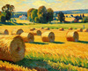 Impressionistic Landscape Art of Hayfield with Haystacks and Laborers
