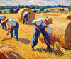 Impressionistic Landscape Art of Hayfield with Haystacks and Laborers