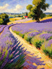 Impressionistic Art Print of a Winding Path through Lavender Fields with Buzzing Bees