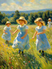 Impressionistic Landscape with Children Playing in Rural Countryside Meadow