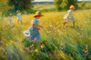 Impressionistic Landscape with Children Playing in Rural Countryside Meadow