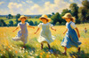 Impressionistic Landscape with Children Playing in Rural Countryside Meadow