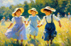 Impressionistic Landscape with Children Playing in Rural Countryside Meadow