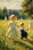 Impressionistic Landscape with Children Playing in Rural Countryside Meadow