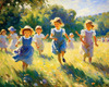 Impressionistic Landscape with Children Playing in Rural Countryside Meadow