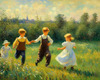 Impressionistic Landscape with Children Playing in Rural Countryside Meadow