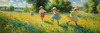 Impressionistic Landscape with Children Playing in Rural Countryside Meadow