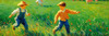 Impressionistic Landscape with Children Playing in Rural Countryside Meadow
