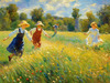 Impressionistic Landscape with Children Playing in Rural Countryside Meadow