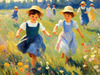 Impressionistic Landscape with Children Playing in Rural Countryside Meadow