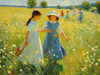 Impressionistic Landscape with Children Playing in Rural Countryside Meadow