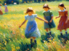 Impressionistic Landscape with Children Playing in Rural Countryside Meadow