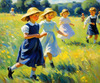 Impressionistic Landscape with Children Playing in Rural Countryside Meadow