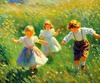 Impressionistic Landscape with Children Playing in Rural Countryside Meadow