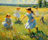Impressionistic Landscape with Children Playing in Rural Countryside Meadow