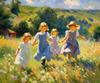 Impressionistic Landscape with Children Playing in Rural Countryside Meadow