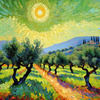 Impressionistic Art Print of Olive Groves in Countryside with Luminous Sky