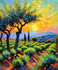 Impressionistic Art Print of Olive Groves in Countryside with Luminous Sky