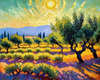 Impressionistic Art Print of Olive Groves in Countryside with Luminous Sky