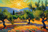 Impressionistic Art Print of Olive Groves in Countryside with Luminous Sky