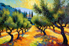 Impressionistic Art Print of Olive Groves in Countryside with Luminous Sky