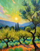 Impressionistic Art Print of Olive Groves in Countryside with Luminous Sky
