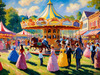 Printable Impressionistic Landscape of Rural Countryside Fair with Carousel