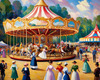 Printable Impressionistic Landscape of Rural Countryside Fair with Carousel