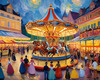 Printable Impressionistic Landscape of Rural Countryside Fair with Carousel