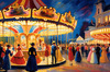 Printable Impressionistic Landscape of Rural Countryside Fair with Carousel