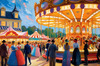Printable Impressionistic Landscape of Rural Countryside Fair with Carousel