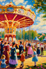 Printable Impressionistic Landscape of Rural Countryside Fair with Carousel