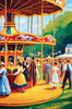 Printable Impressionistic Landscape of Rural Countryside Fair with Carousel