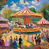 Printable Impressionistic Landscape of Rural Countryside Fair with Carousel