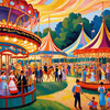 Printable Impressionistic Landscape of Rural Countryside Fair with Carousel