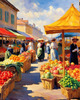 Impressionistic Landscape of a Rural Market with Colorful Stalls Printable Art