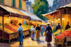 Impressionistic Landscape of a Rural Market with Colorful Stalls Printable Art