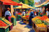 Impressionistic Landscape of a Rural Market with Colorful Stalls Printable Art