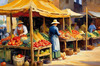 Impressionistic Landscape of a Rural Market with Colorful Stalls Printable Art