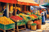 Impressionistic Landscape of a Rural Market with Colorful Stalls Printable Art