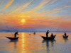 Printable Impressionistic Landscape of Fishermen Casting Nets at Sunrise
