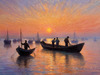 Printable Impressionistic Landscape of Fishermen Casting Nets at Sunrise