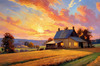 Impressionistic Landscape of a Quaint Farmstead at Sunset with Expressive Clouds