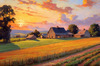 Impressionistic Landscape of a Quaint Farmstead at Sunset with Expressive Clouds