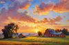 Impressionistic Landscape of a Quaint Farmstead at Sunset with Expressive Clouds