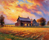 Impressionistic Landscape of a Quaint Farmstead at Sunset with Expressive Clouds