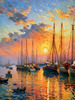 Impressionistic Art Print of a Harbor at Sunset with Anchored Boats